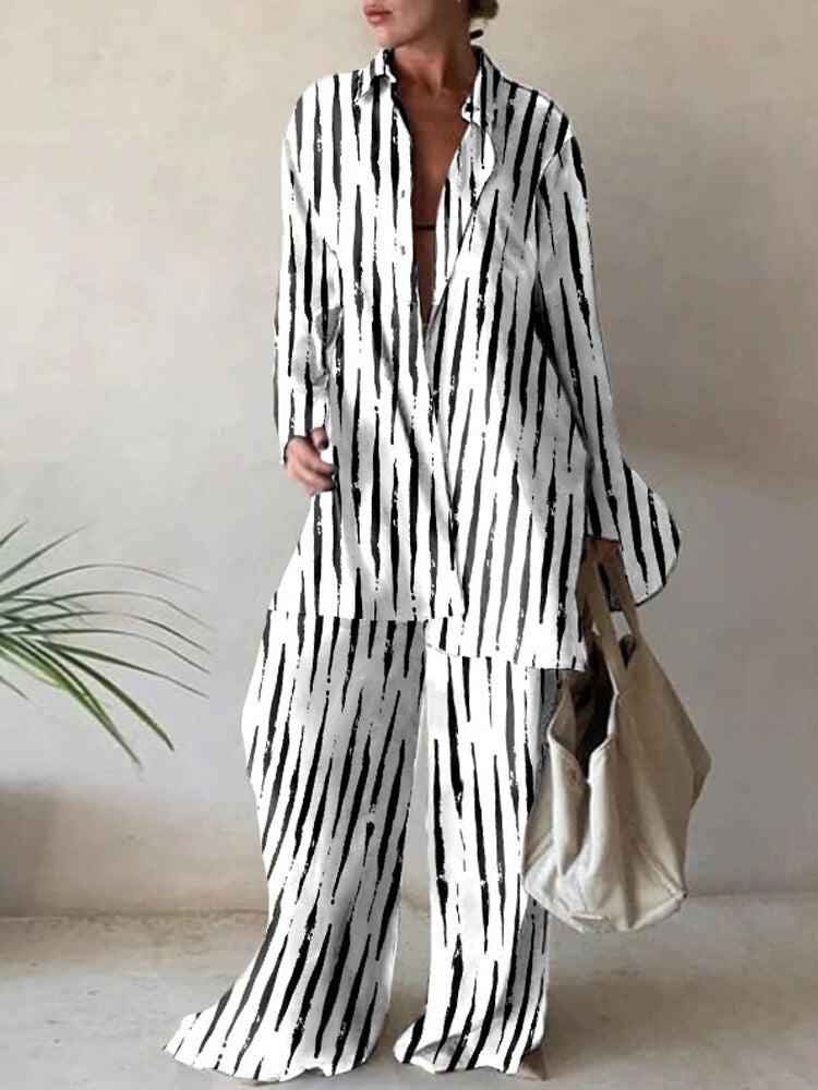 Women Casual Commuter Suit Fashion Print Loose Long Sleeve Shirt Straight Pants Two Piece Suit 2023 New Office Elegant Chic Suit