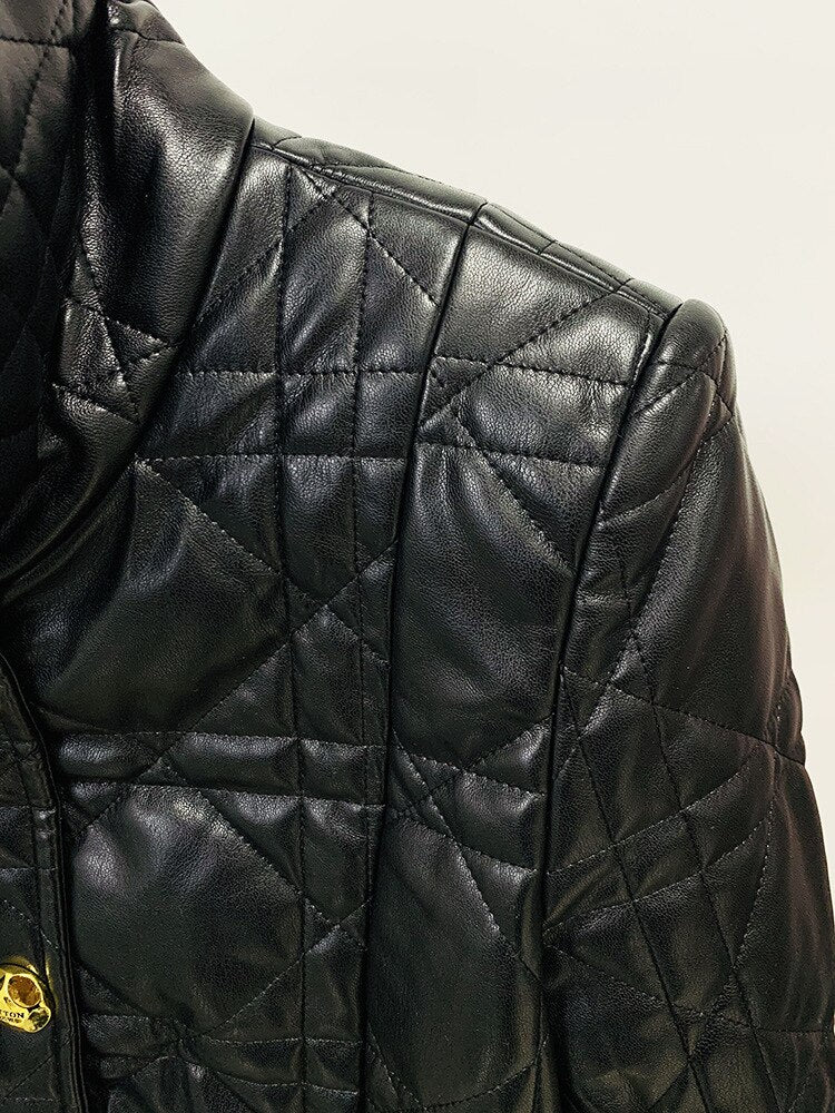 Motorcycle Coat Women 2023 New Designer Slim High Waist Line Grid Short PU Artificial Leather Office Jacket Coat High Quality