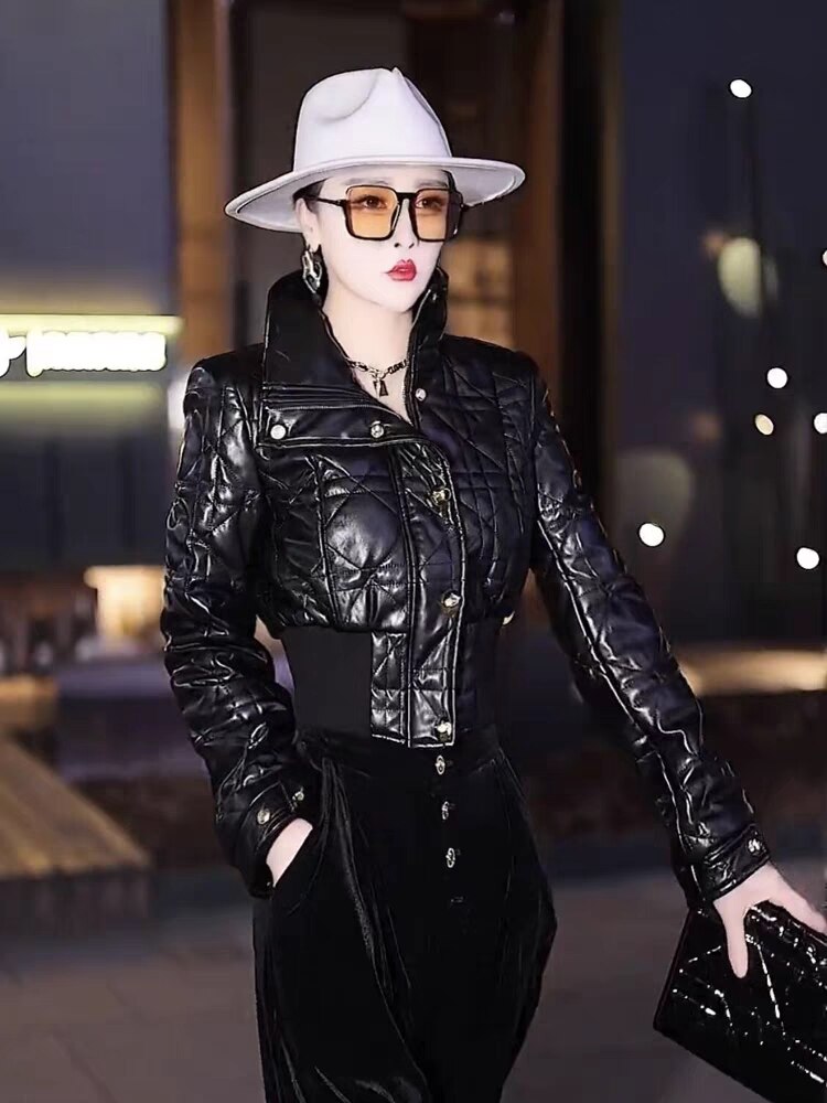 Motorcycle Coat Women 2023 New Designer Slim High Waist Line Grid Short PU Artificial Leather Office Jacket Coat High Quality