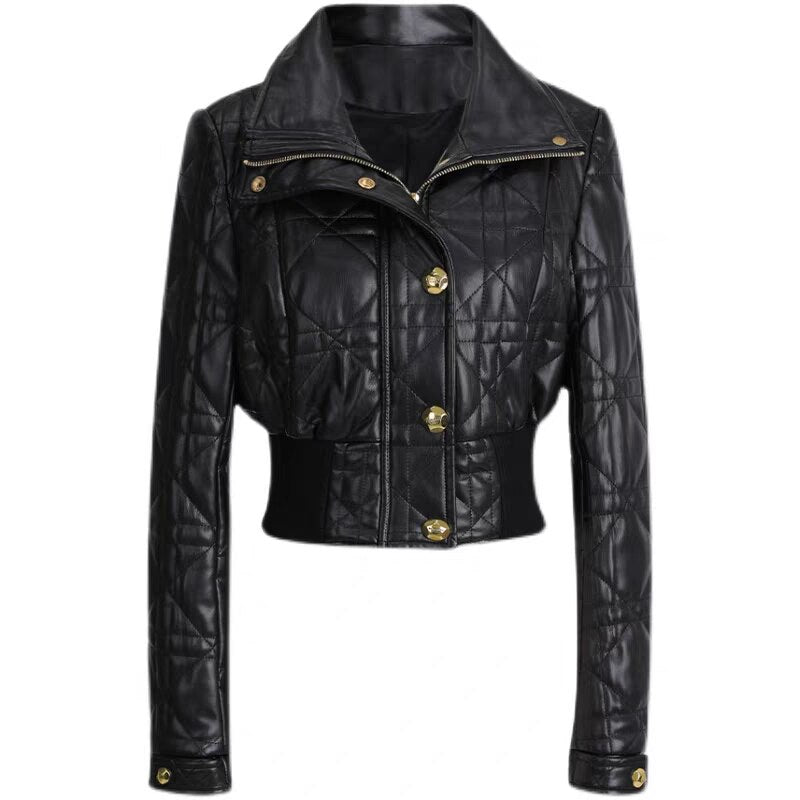 Motorcycle Coat Women 2023 New Designer Slim High Waist Line Grid Short PU Artificial Leather Office Jacket Coat High Quality
