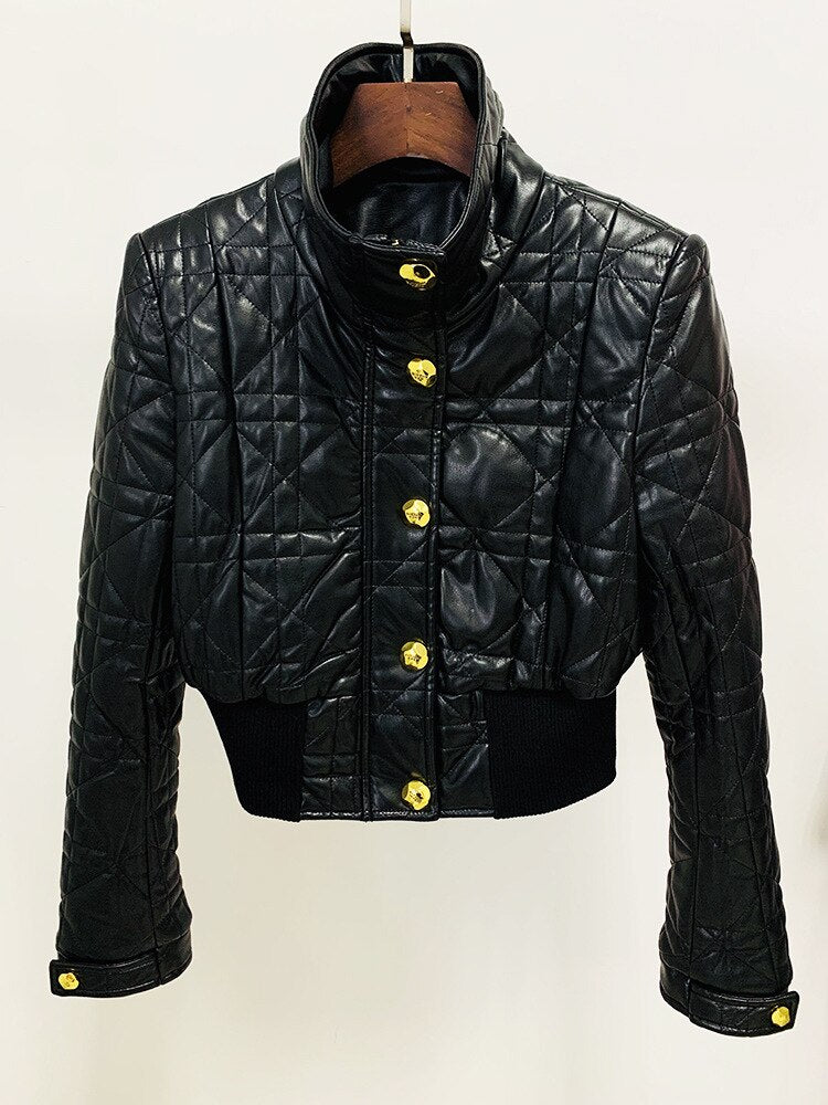 Motorcycle Coat Women 2023 New Designer Slim High Waist Line Grid Short PU Artificial Leather Office Jacket Coat High Quality