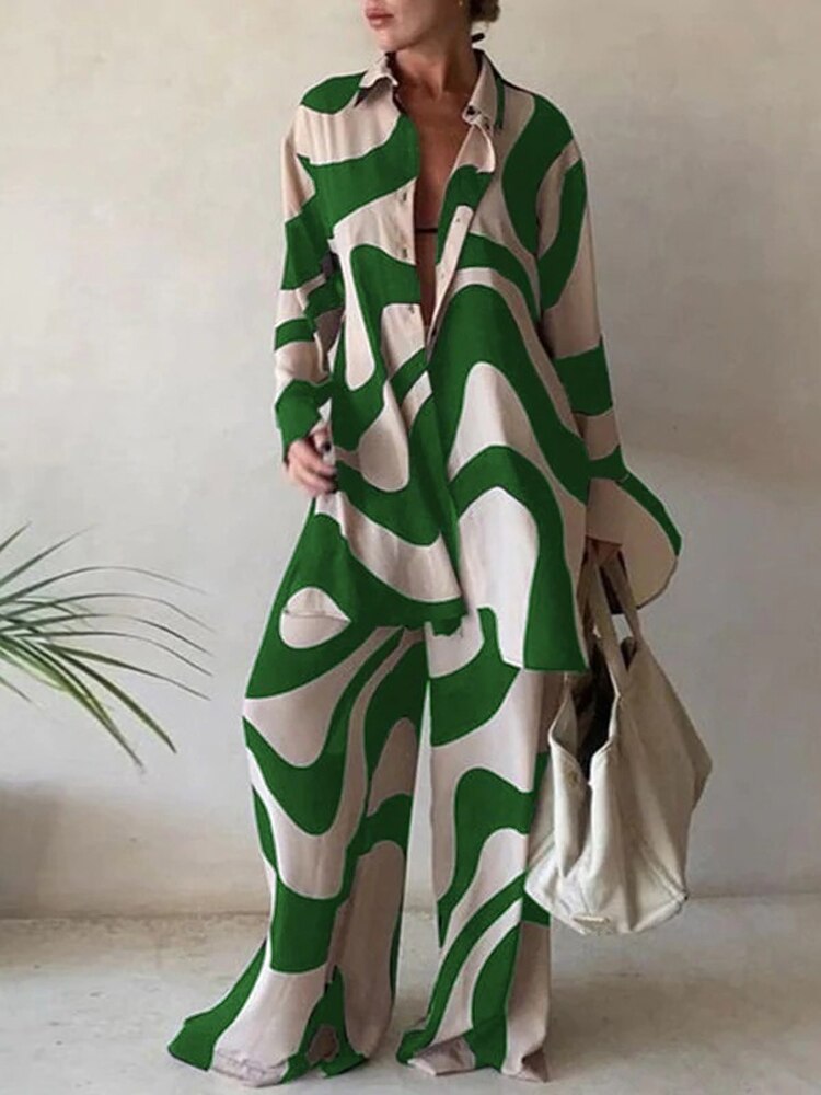 Women Casual Commuter Suit Fashion Print Loose Long Sleeve Shirt Straight Pants Two Piece Suit 2023 New Office Elegant Chic Suit