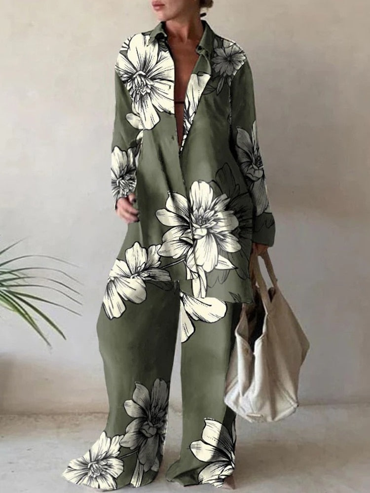 Women Casual Commuter Suit Fashion Print Loose Long Sleeve Shirt Straight Pants Two Piece Suit 2023 New Office Elegant Chic Suit
