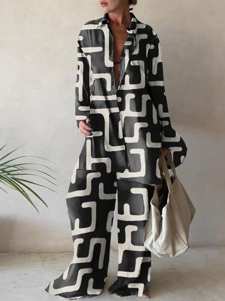 Women Casual Commuter Suit Fashion Print Loose Long Sleeve Shirt Straight Pants Two Piece Suit 2023 New Office Elegant Chic Suit