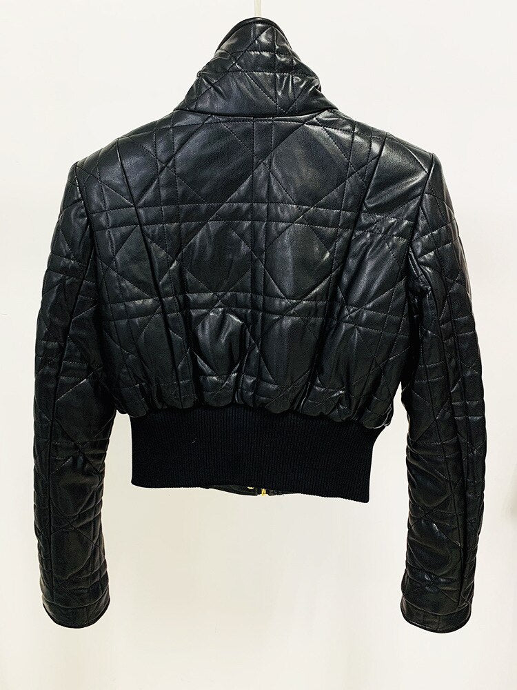 Motorcycle Coat Women 2023 New Designer Slim High Waist Line Grid Short PU Artificial Leather Office Jacket Coat High Quality