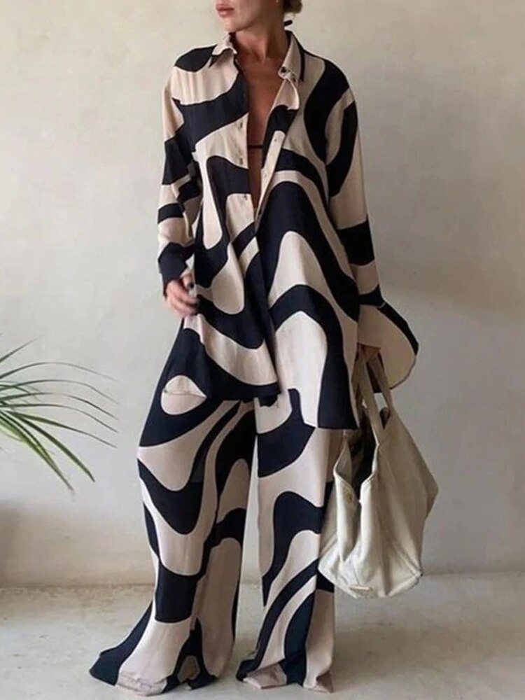 Women Casual Commuter Suit Fashion Print Loose Long Sleeve Shirt Straight Pants Two Piece Suit 2023 New Office Elegant Chic Suit