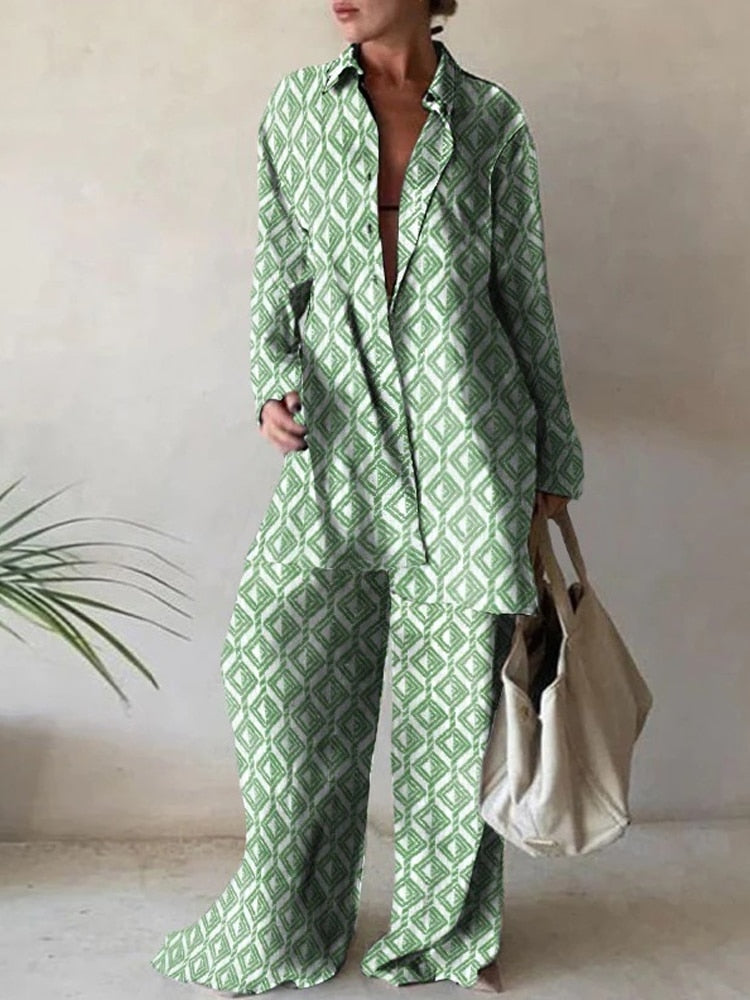 Women Casual Commuter Suit Fashion Print Loose Long Sleeve Shirt Straight Pants Two Piece Suit 2023 New Office Elegant Chic Suit