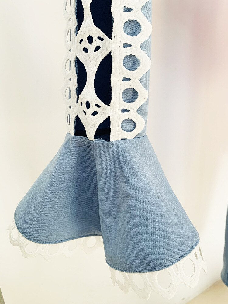 Pant Sets Women White Peacock Blue Two Piece Sets 2023 Hollow Out Lace Flare Sleeve Short Crop Top + Pencil Pants Set Outfits