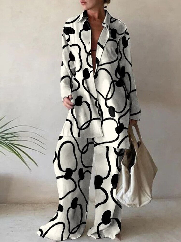 Women Casual Commuter Suit Fashion Print Loose Long Sleeve Shirt Straight Pants Two Piece Suit 2023 New Office Elegant Chic Suit