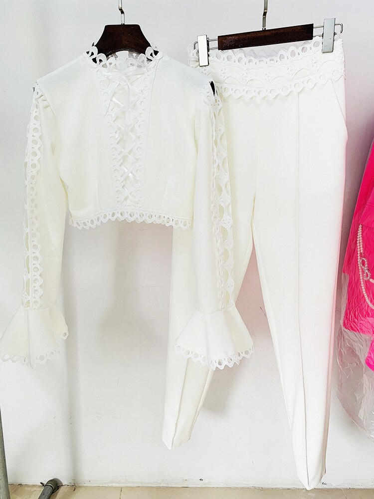Pant Sets Women White Peacock Blue Two Piece Sets 2023 Hollow Out Lace Flare Sleeve Short Crop Top + Pencil Pants Set Outfits