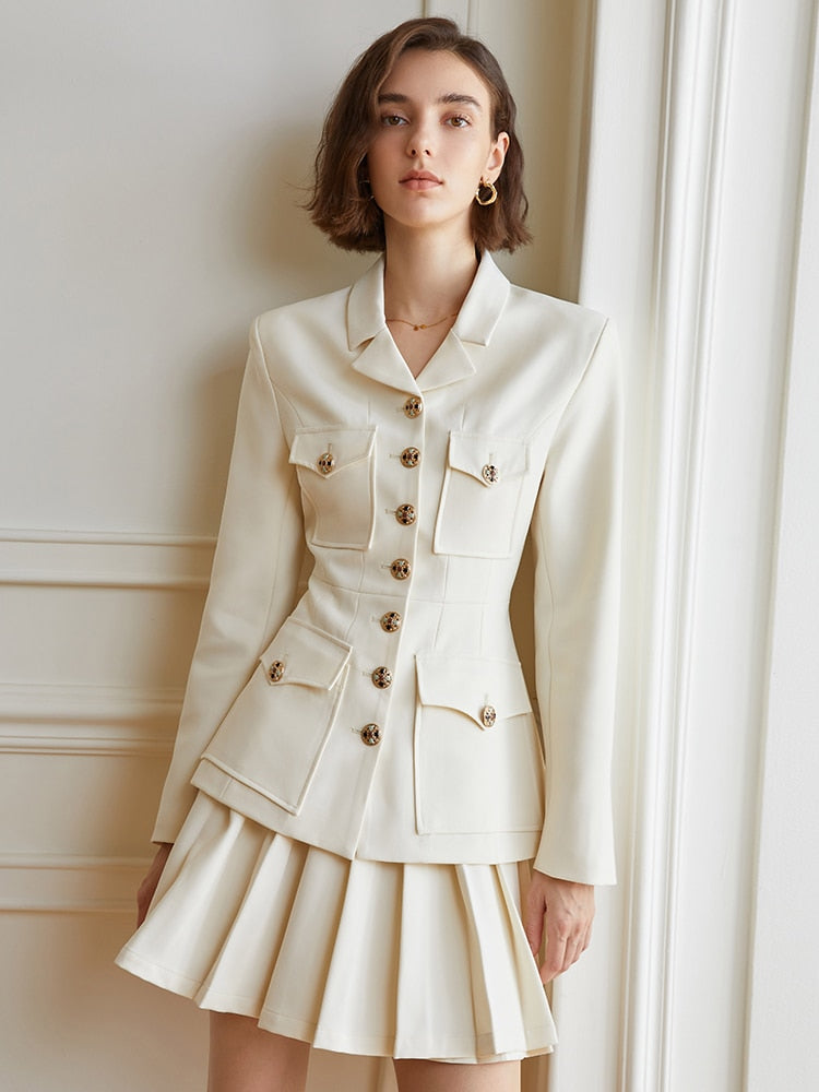 TWOTWINSTYLE Slim Two Piece Set Women Notched Collar Long Sleeve Blazer High Waist A Line Mini Skirt Female Sets Fashion Clothes