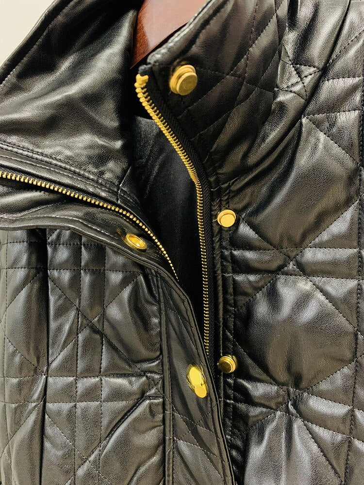 Motorcycle Coat Women 2023 New Designer Slim High Waist Line Grid Short PU Artificial Leather Office Jacket Coat High Quality