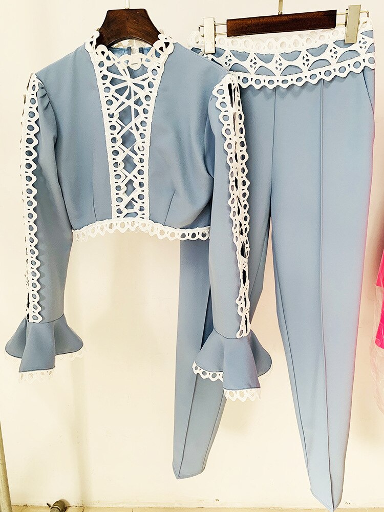 Pant Sets Women White Peacock Blue Two Piece Sets 2023 Hollow Out Lace Flare Sleeve Short Crop Top + Pencil Pants Set Outfits