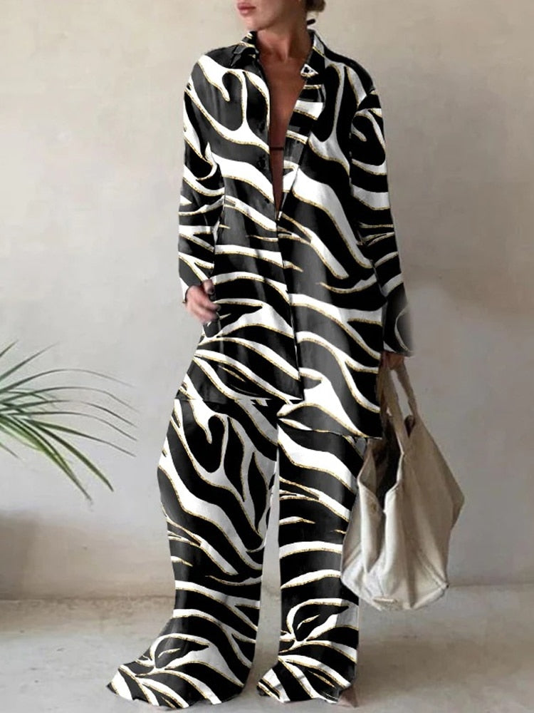 Women Casual Commuter Suit Fashion Print Loose Long Sleeve Shirt Straight Pants Two Piece Suit 2023 New Office Elegant Chic Suit