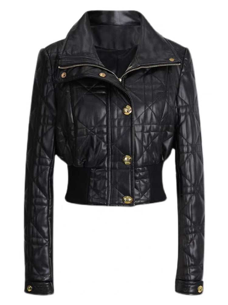 Motorcycle Coat Women 2023 New Designer Slim High Waist Line Grid Short PU Artificial Leather Office Jacket Coat High Quality