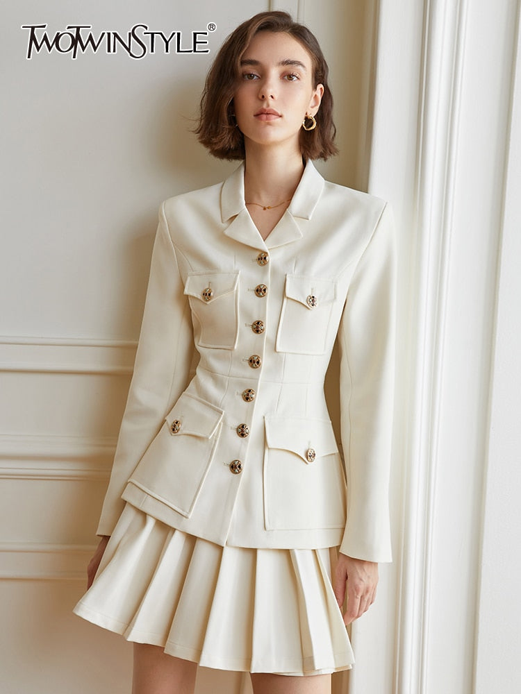 TWOTWINSTYLE Slim Two Piece Set Women Notched Collar Long Sleeve Blazer High Waist A Line Mini Skirt Female Sets Fashion Clothes