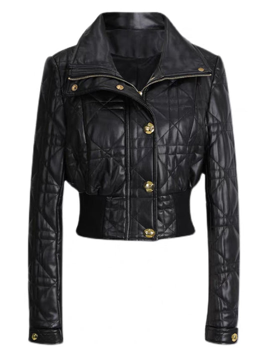 Motorcycle Coat Women 2023 New Designer Slim High Waist Line Grid Short PU Artificial Leather Office Jacket Coat High Quality