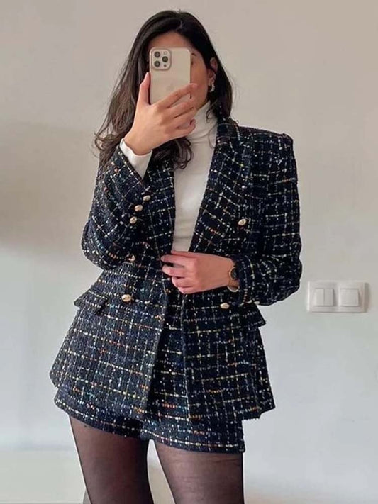 KLKXMYT TRAF Women&#39;s Blazer Set Woman 2 Pieces Suit 2023 Autumn Fashion Woollen Blazers Shorts Two Piece Sets Womens Outfits
