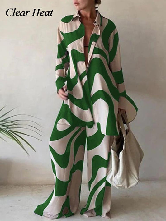 Women Casual Commuter Suit Fashion Print Loose Long Sleeve Shirt Straight Pants Two Piece Suit 2023 New Office Elegant Chic Suit